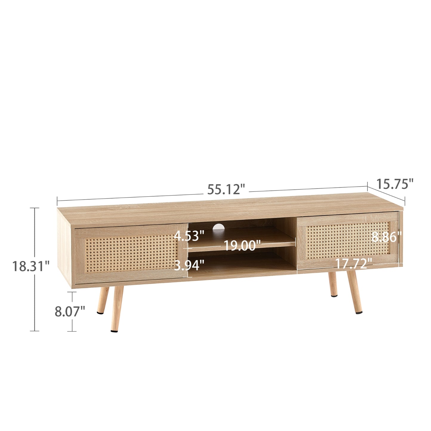 55.12 Rattan TV Cabinet With Sliding Doors Adjustable Shelf Solid Wood Legs
