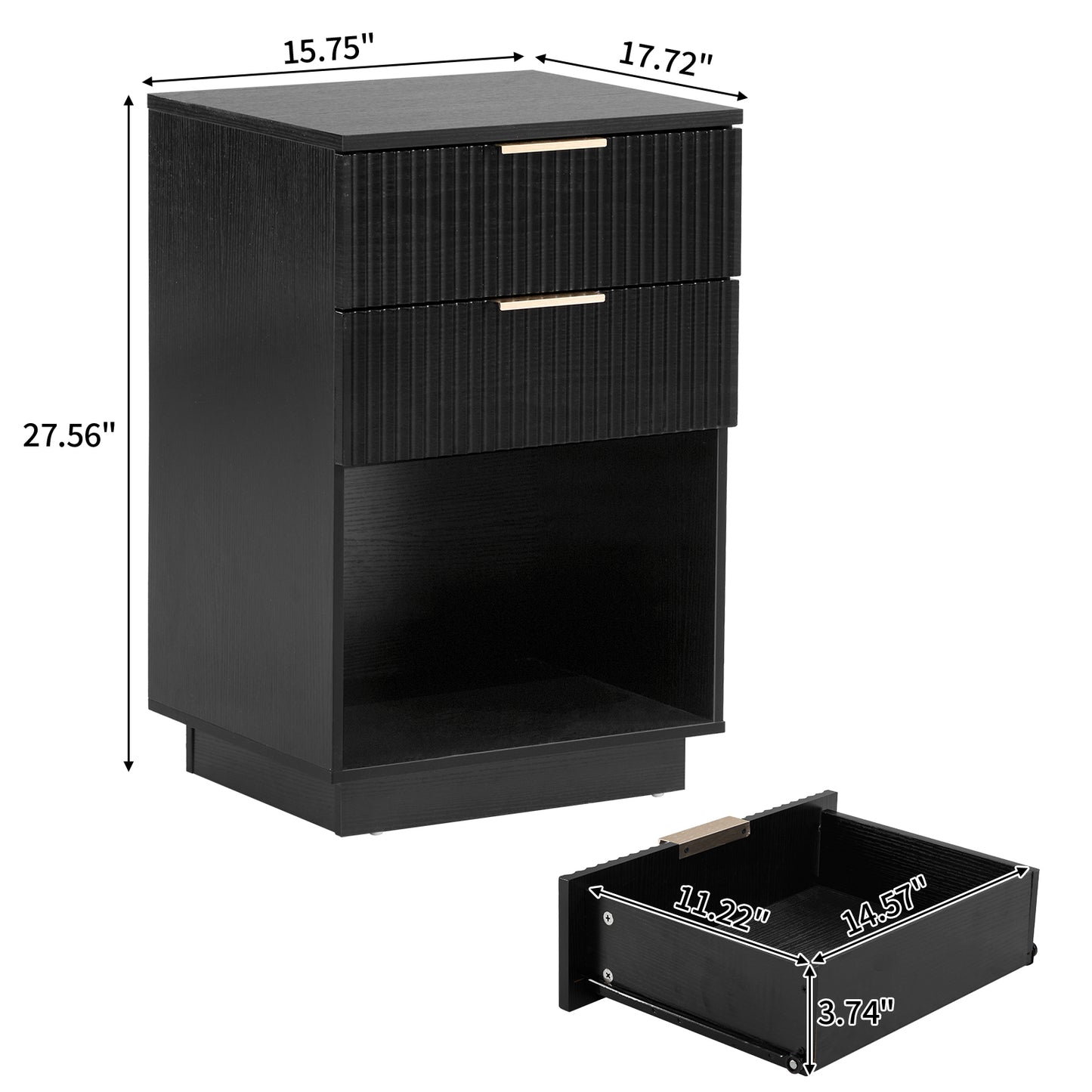 Black P2 Density Board, Wave Pattern Drawer Surface, 2 Drawer Bedside Cabinet 1pc
