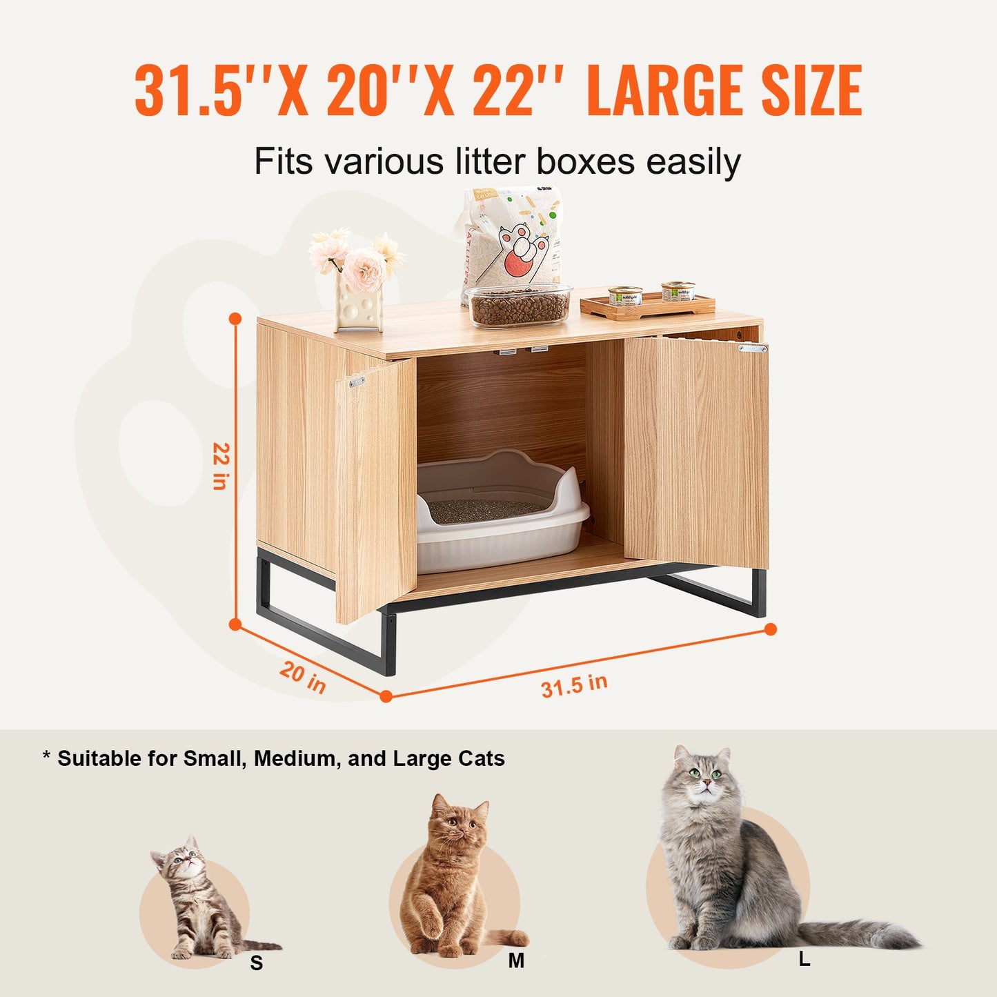 Cat Litter Box Enclosure, Hidden Litter Box Furniture, Wooden Cat Washroom Indoor With 2 Doors & Study Metal Legs, Cat House Cabinet Hidden Fit Most Of Litter Box, 31.5"L X 20"W X 22"H, Natural