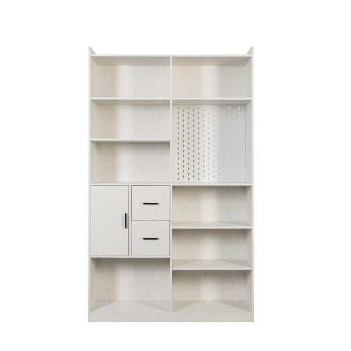 Bookshelf And Bookcase With Pegboard And Drawer, 9 Cubby Display Book Shelves, Modern Wide Wood Shelving Unit For Living Room, White