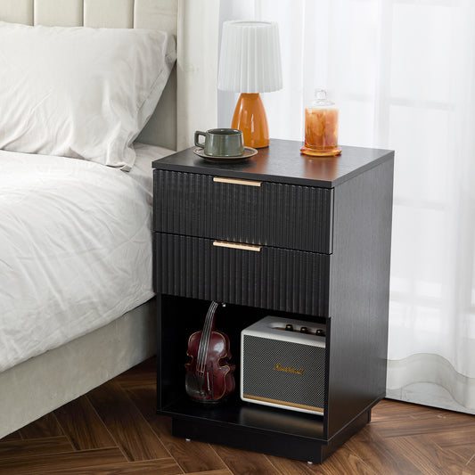 Black P2 Density Board, Wave Pattern Drawer Surface, 2 Drawer Bedside Cabinet 1pc