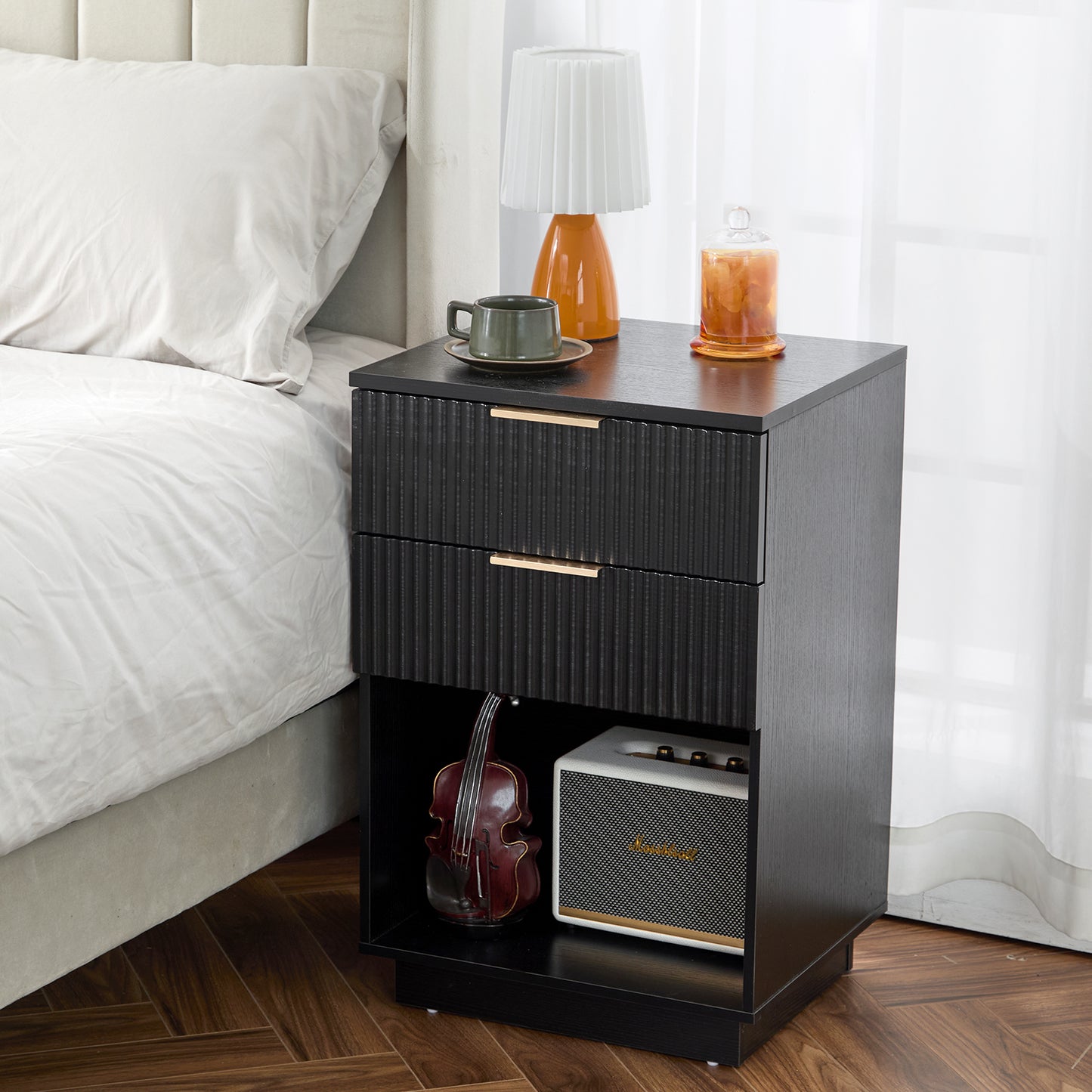 Black P2 Density Board, Wave Pattern Drawer Surface, 2 Drawer Bedside Cabinet 1pc