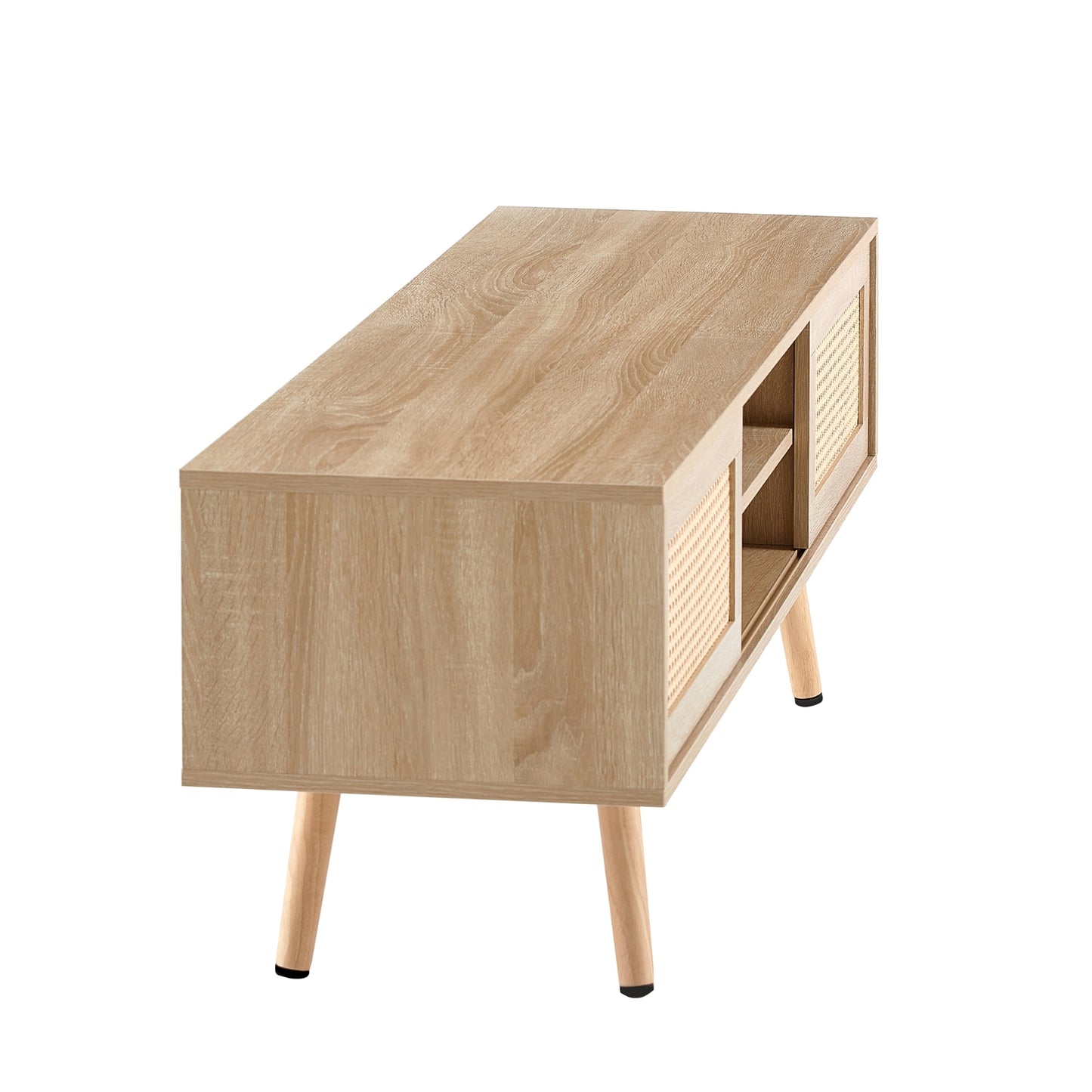 55.12  Rattan TV Cabinet With Sliding Doors  Adjustable Shelf   Solid Wood Legs
