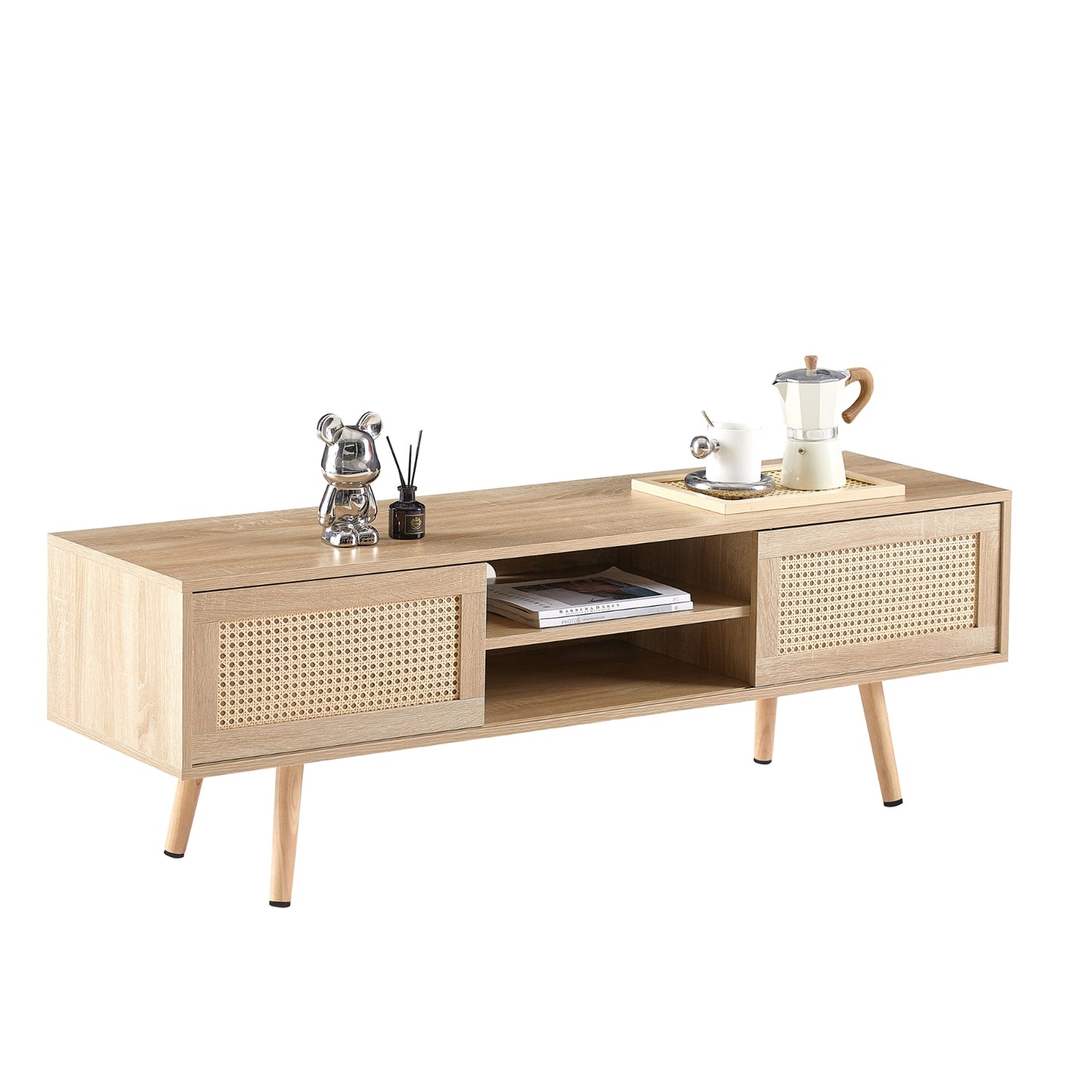 55.12  Rattan TV Cabinet With Sliding Doors  Adjustable Shelf   Solid Wood Legs