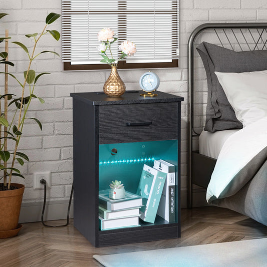 Black Single Drawer Bedside Table With Socket And LED Light