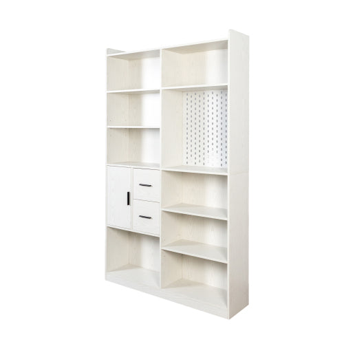 Bookshelf And Bookcase With Pegboard And Drawer, 9 Cubby Display Book Shelves, Modern Wide Wood Shelving Unit For Living Room, White