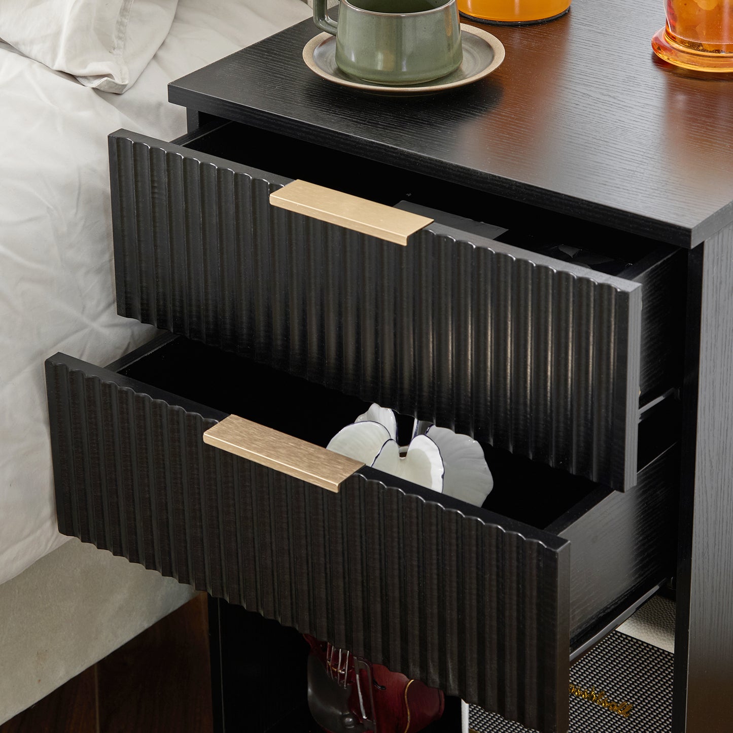 Black P2 Density Board, Wave Pattern Drawer Surface, 2 Drawer Bedside Cabinet 1pc