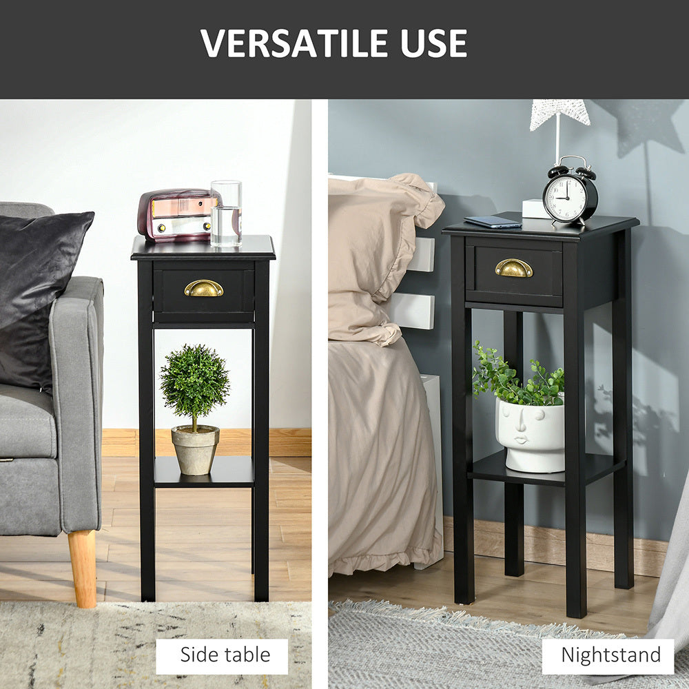 2-Tier Side Table With Drawer Shelf, End Table For Living Room Hallway, Black