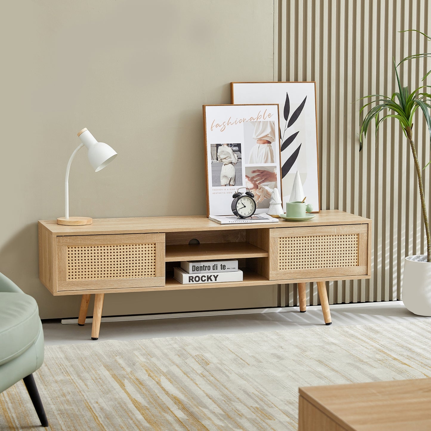 55.12  Rattan TV Cabinet With Sliding Doors  Adjustable Shelf   Solid Wood Legs