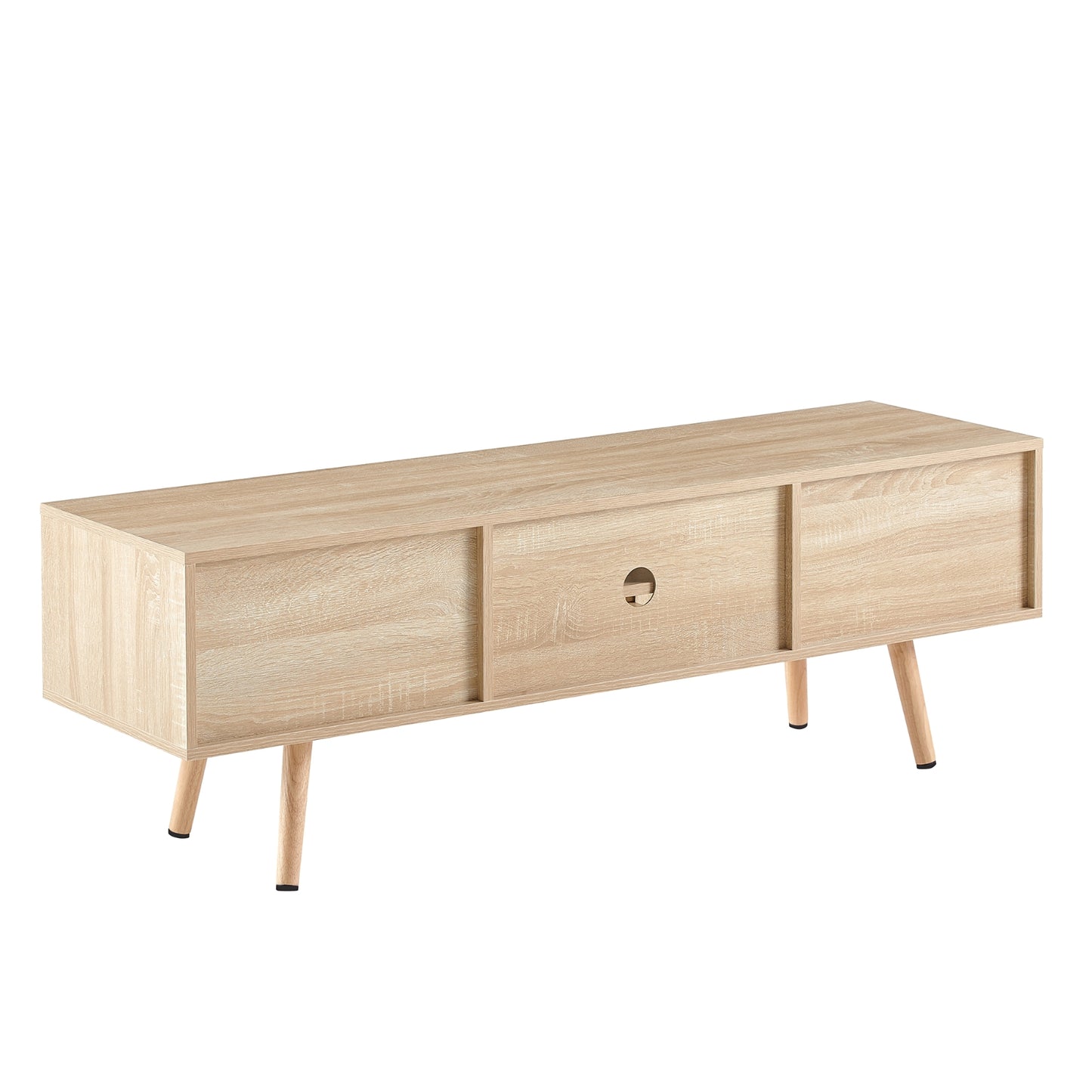 55.12  Rattan TV Cabinet With Sliding Doors  Adjustable Shelf   Solid Wood Legs