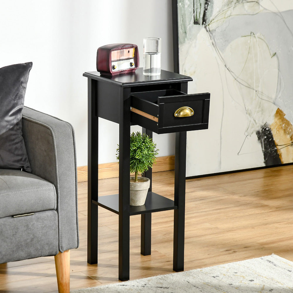 2-Tier Side Table With Drawer Shelf, End Table For Living Room Hallway, Black
